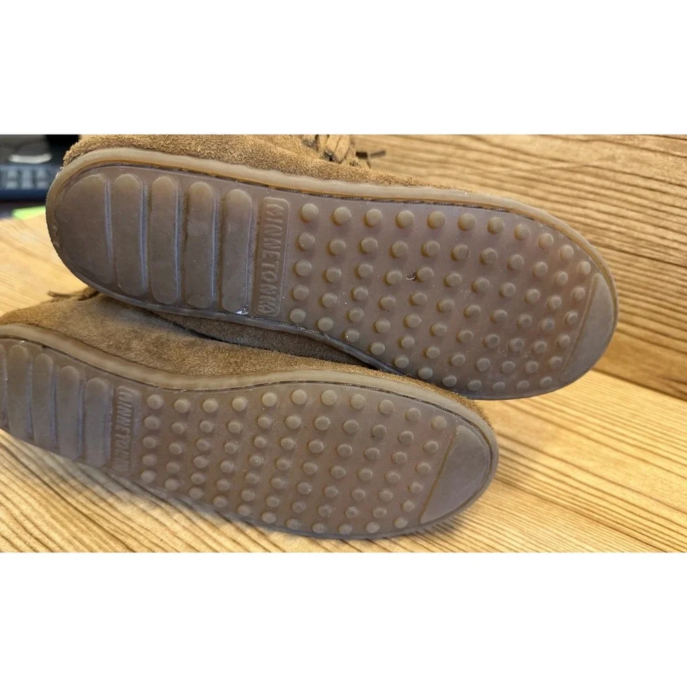 Minnetonka 3 Layer Triple Fringe Boot Moccasins Youth Sz 3 Brown Leather